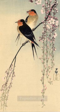 catharina hooft with her nurse Painting - swallows with cherry blossom Ohara Koson Shin hanga